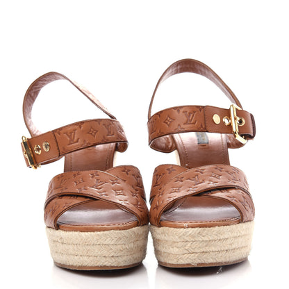 Louis Vuitton Calfskin Monogram Embossed Espadrille Wedge Sandals 41 Cognac 2 of 10
