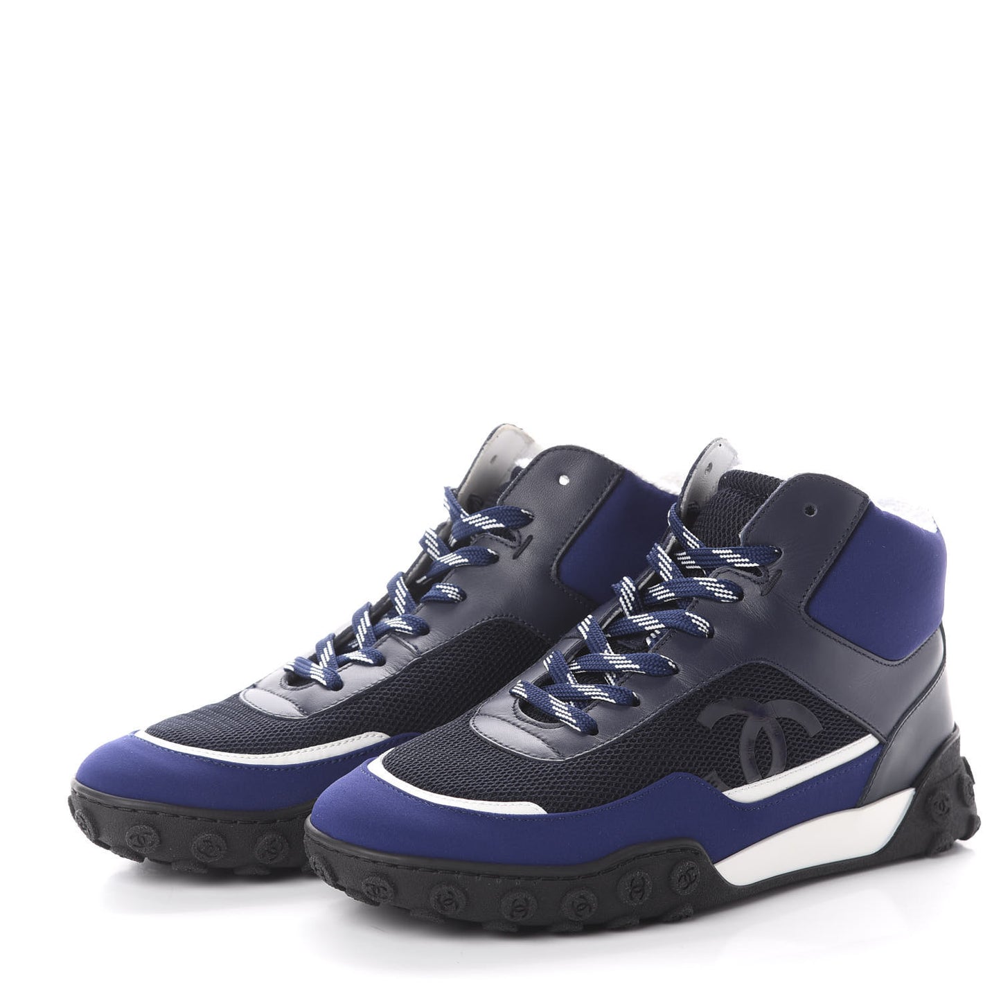 Calfskin Mesh Lycra Womens Logo High Top Sneakers 36.5 Blue