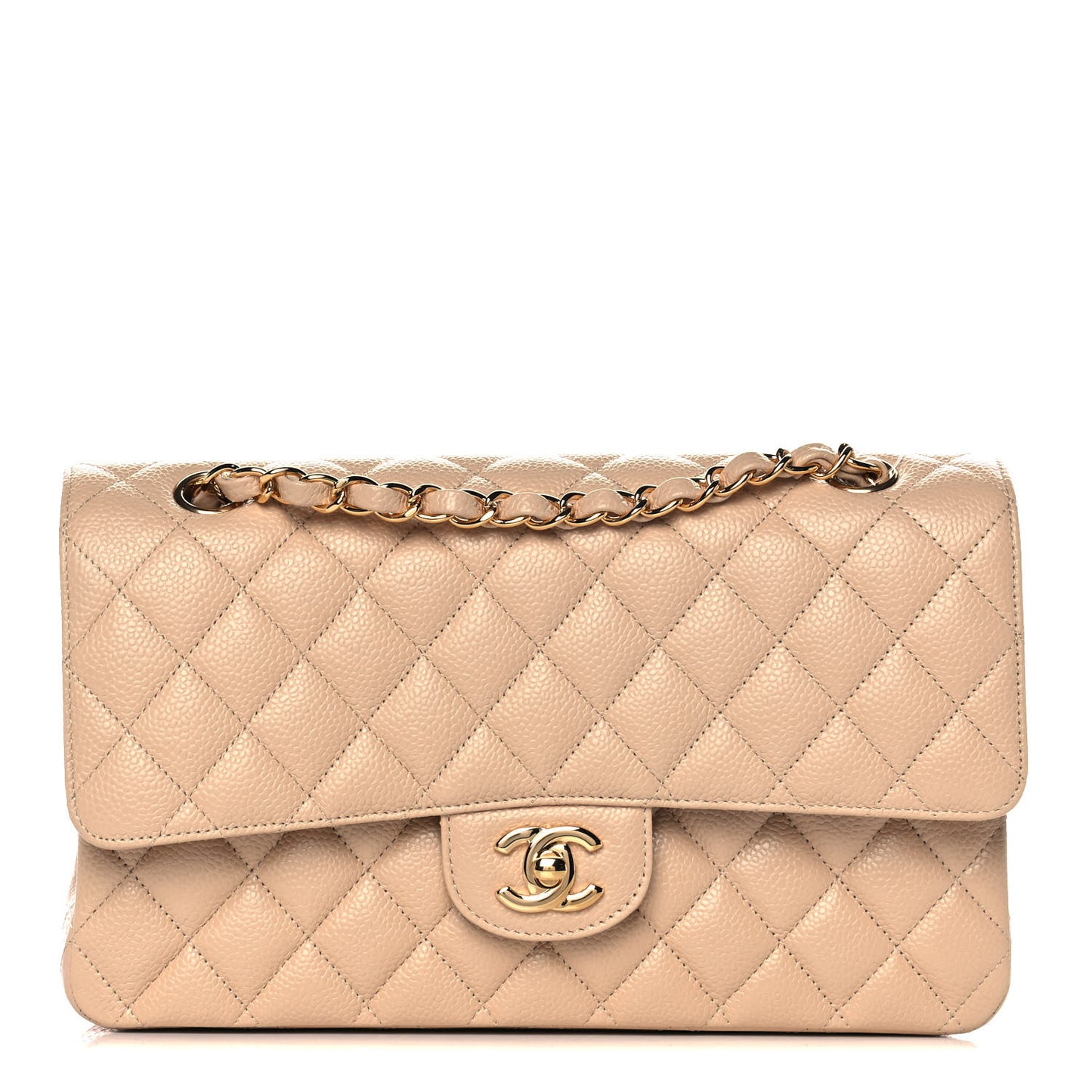 Caviar Quilted Medium Double Flap Beige