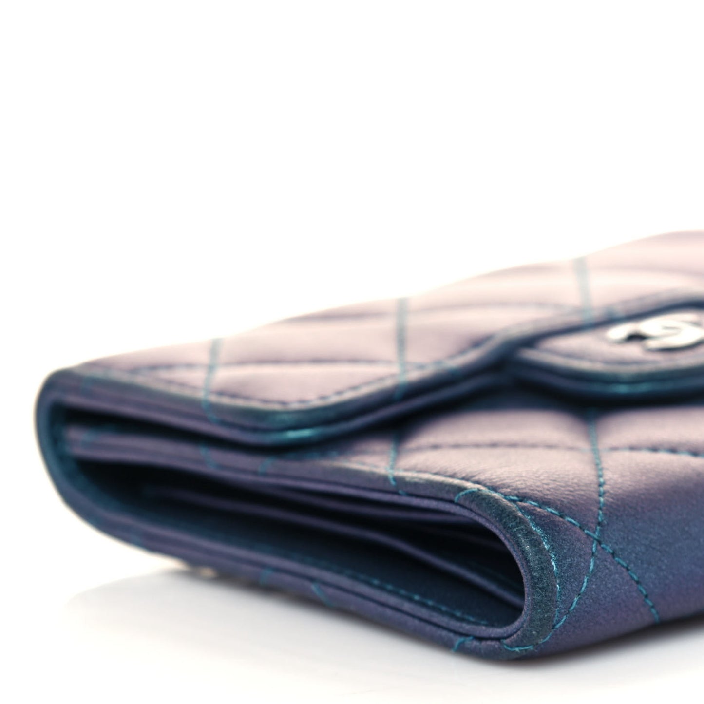 Metallic Lambskin Quilted Compact Flap Wallet Turquoise
