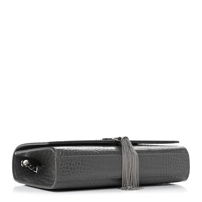 Saint Laurent Calfskin Crocodile Embossed Medium Classic Monogram Kate Tassel Satchel Fog 3 of 4