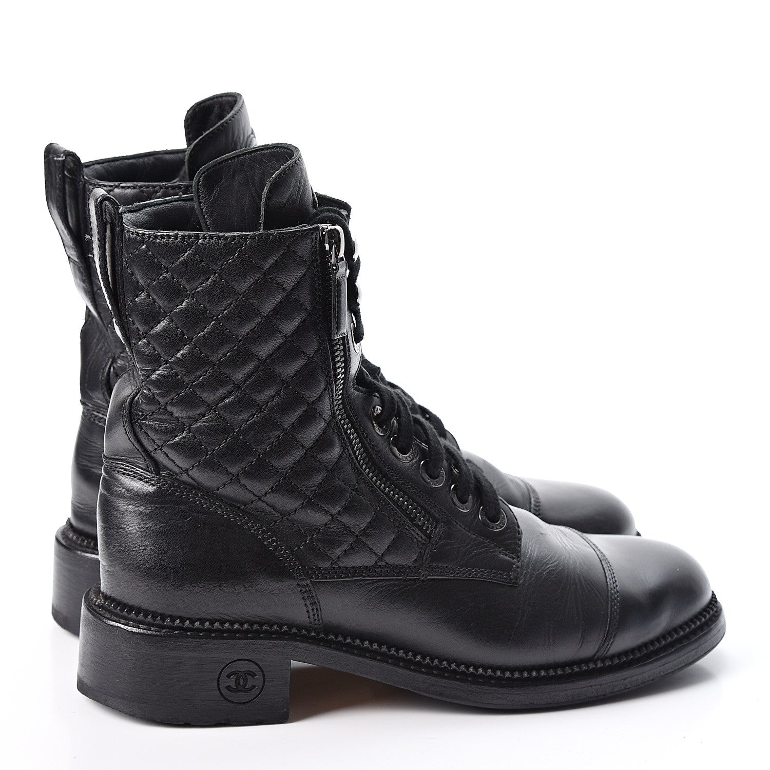 Chanel Calfskin Quilted Lace Up Combat Boots 38.5 Black 4 of 10