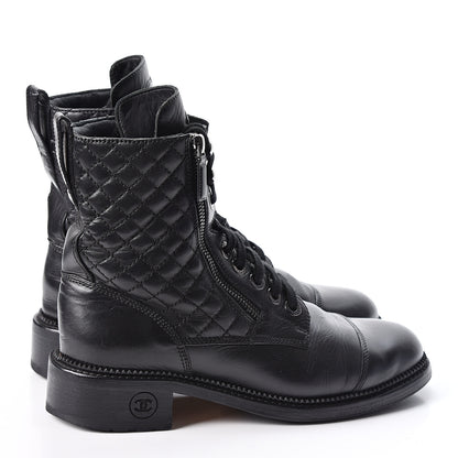 Chanel Calfskin Quilted Lace Up Combat Boots 38.5 Black 4 of 10