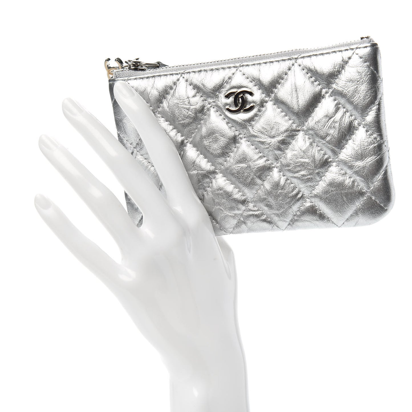 Metallic Calfskin Quilted Small Cosmo Cosmetic Case Silver