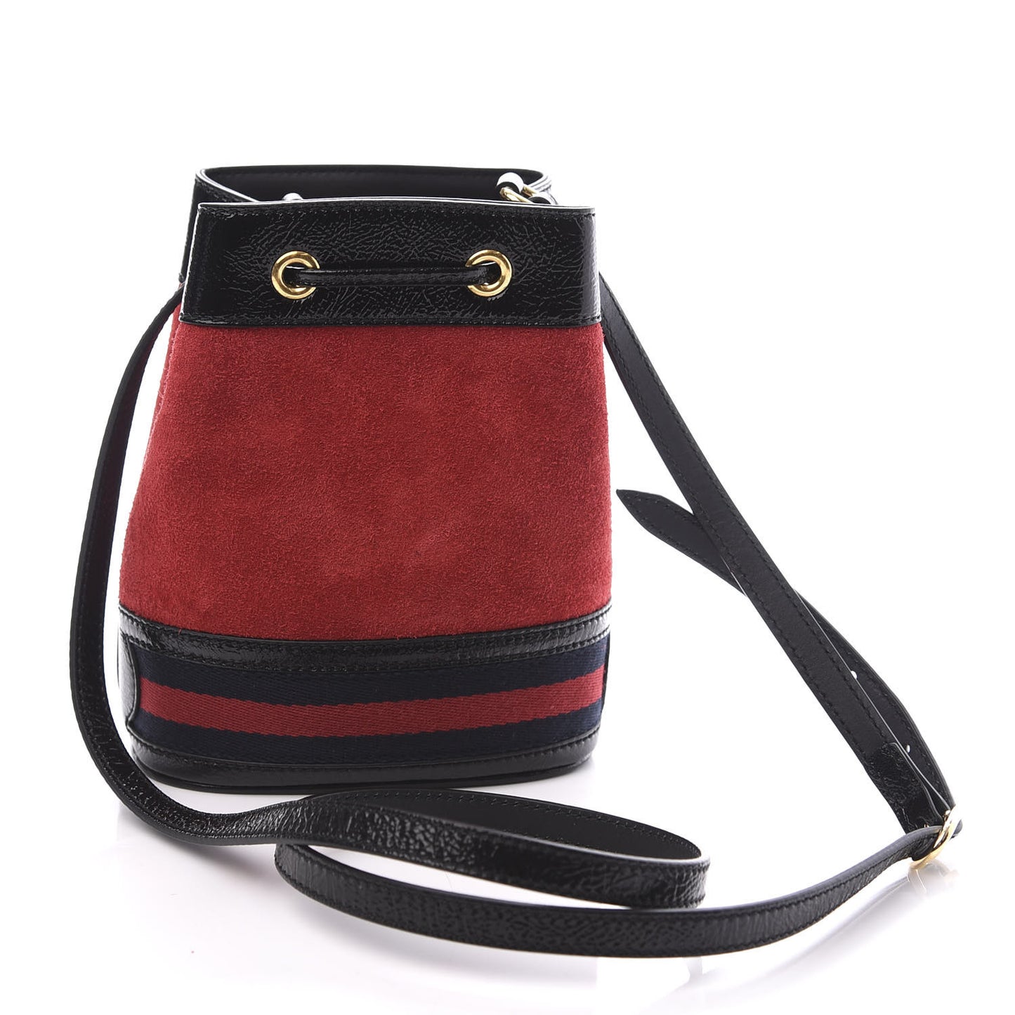 Suede Patent Web Mini Ophidia Bucket Bag Hibiscus Red Black