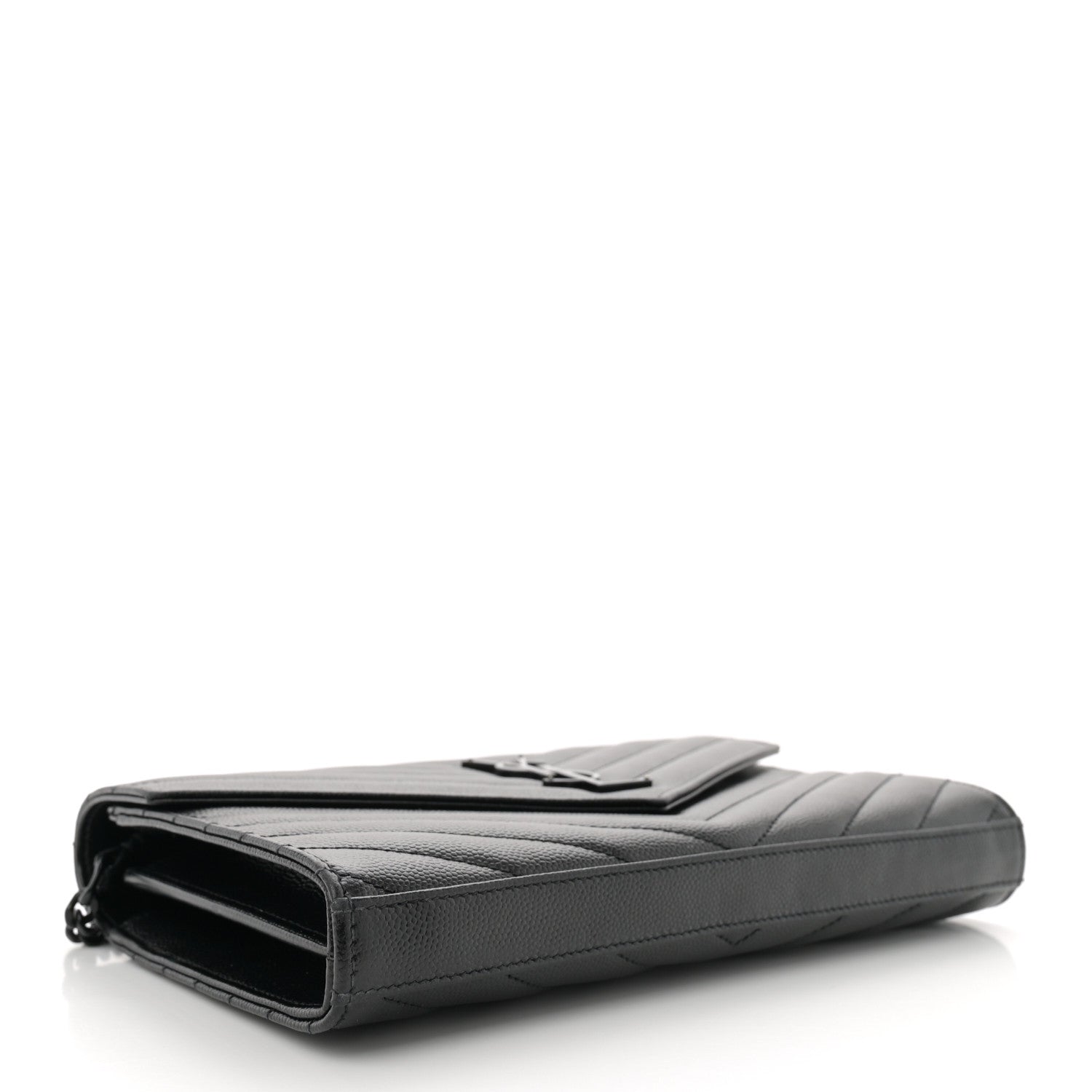 Saint Laurent Grain De Poudre Matelasse Chevron Monogram Monochrome Chain Wallet Black 4 of 11