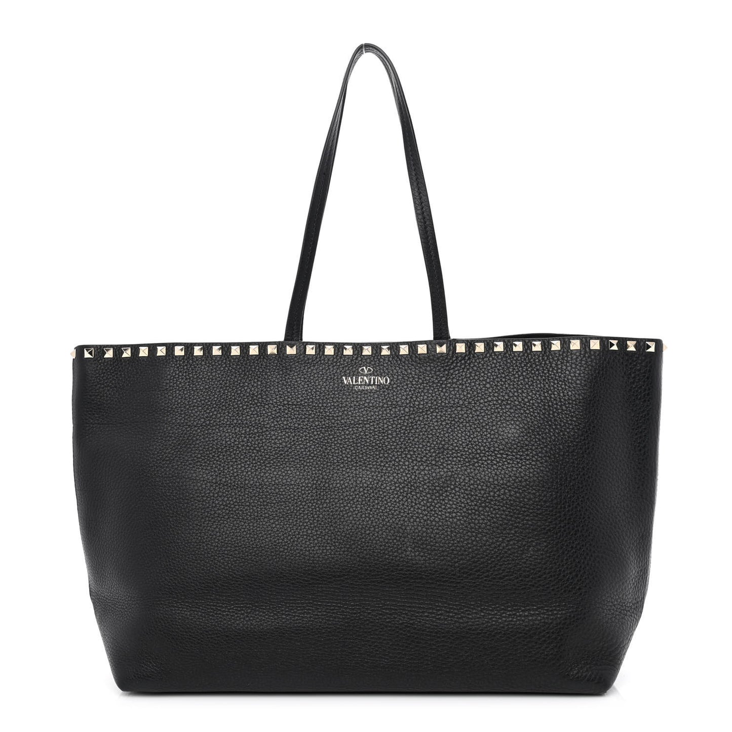 Grained Calfskin Rockstud Shoulder Tote Black