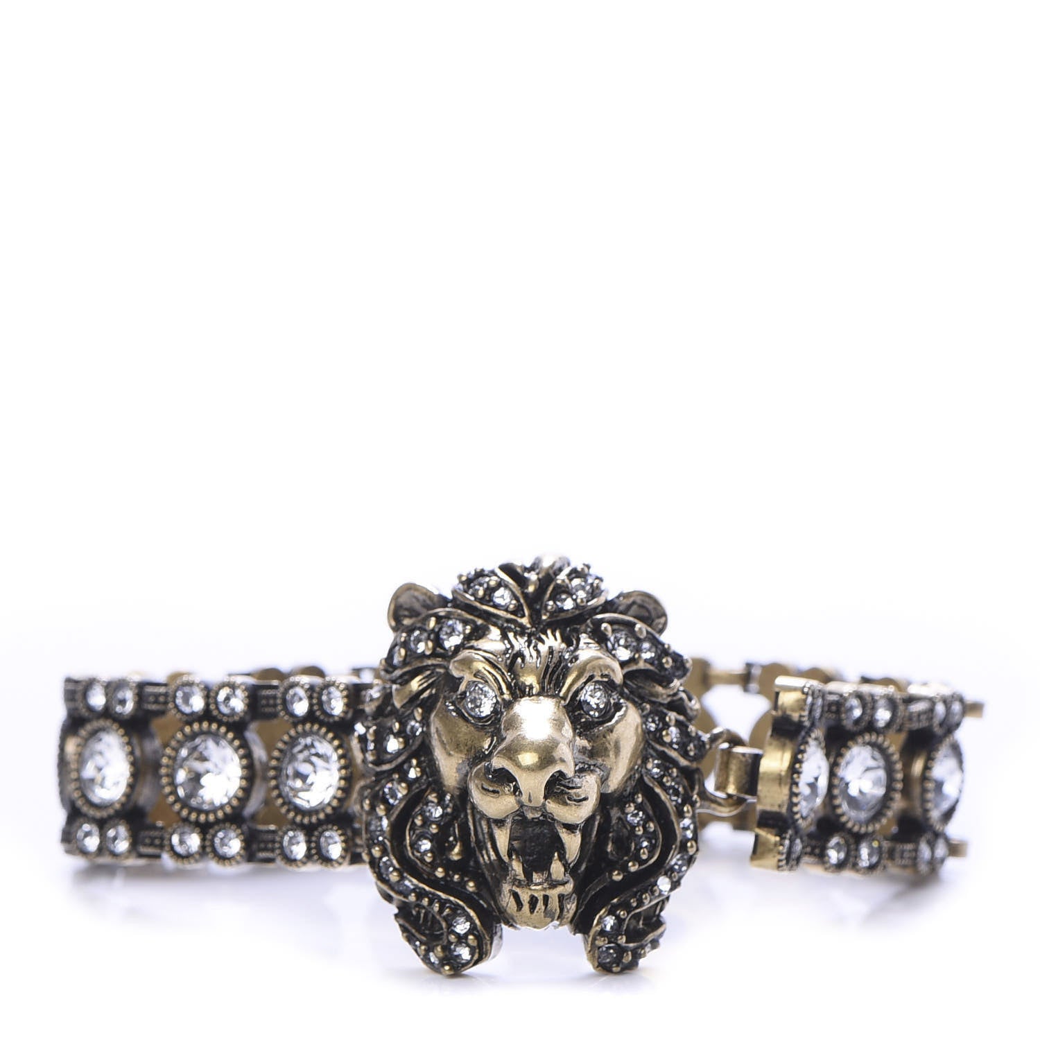 Gucci Metal Crystal Lion Head Bracelet S Aged Gold 1 of 6