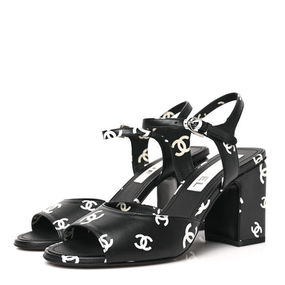 Chanel Lambskin Printed Coco Beach Sandals 38 Black White 3 of 7