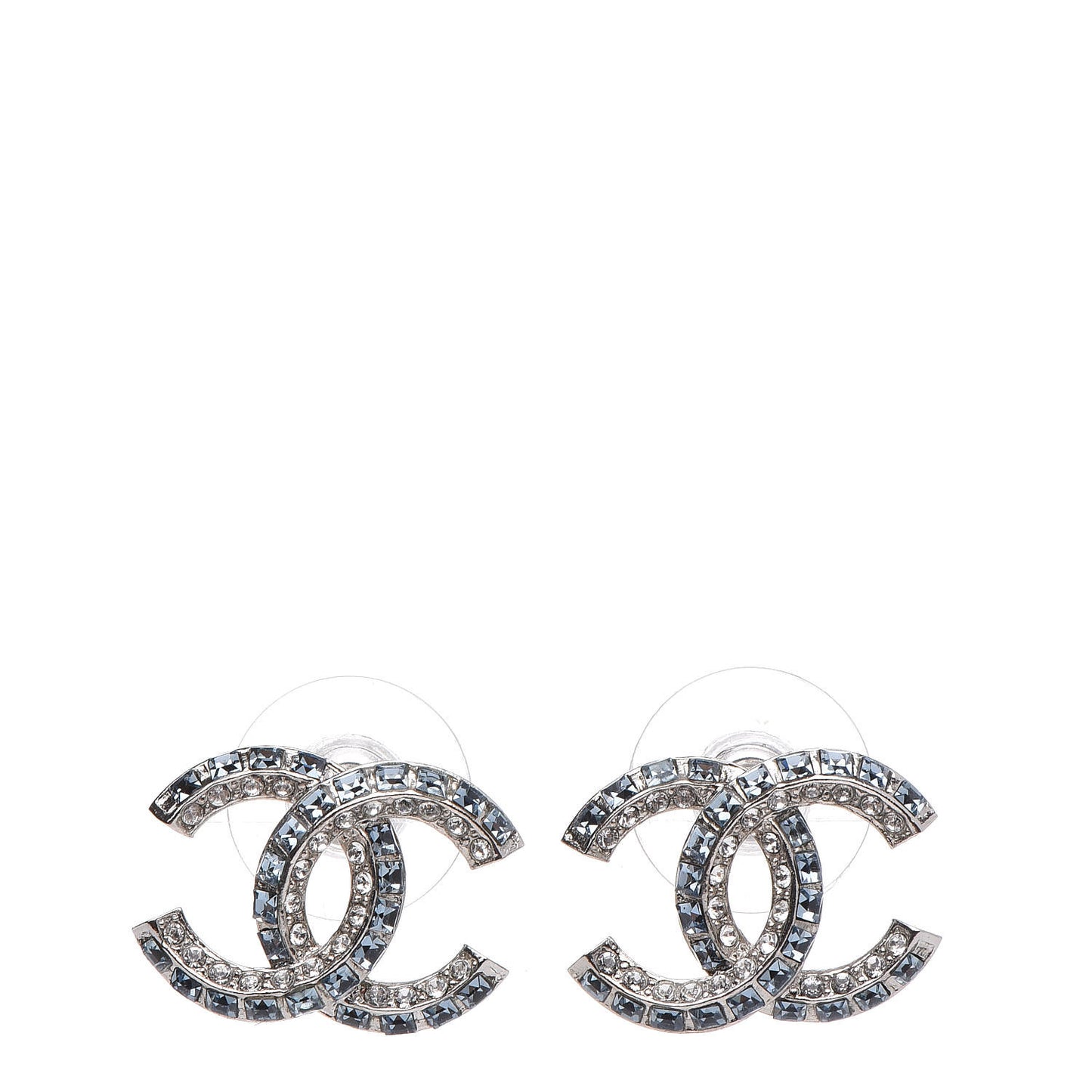 Metal Baguette Crystal CC Earrings Silver Blue