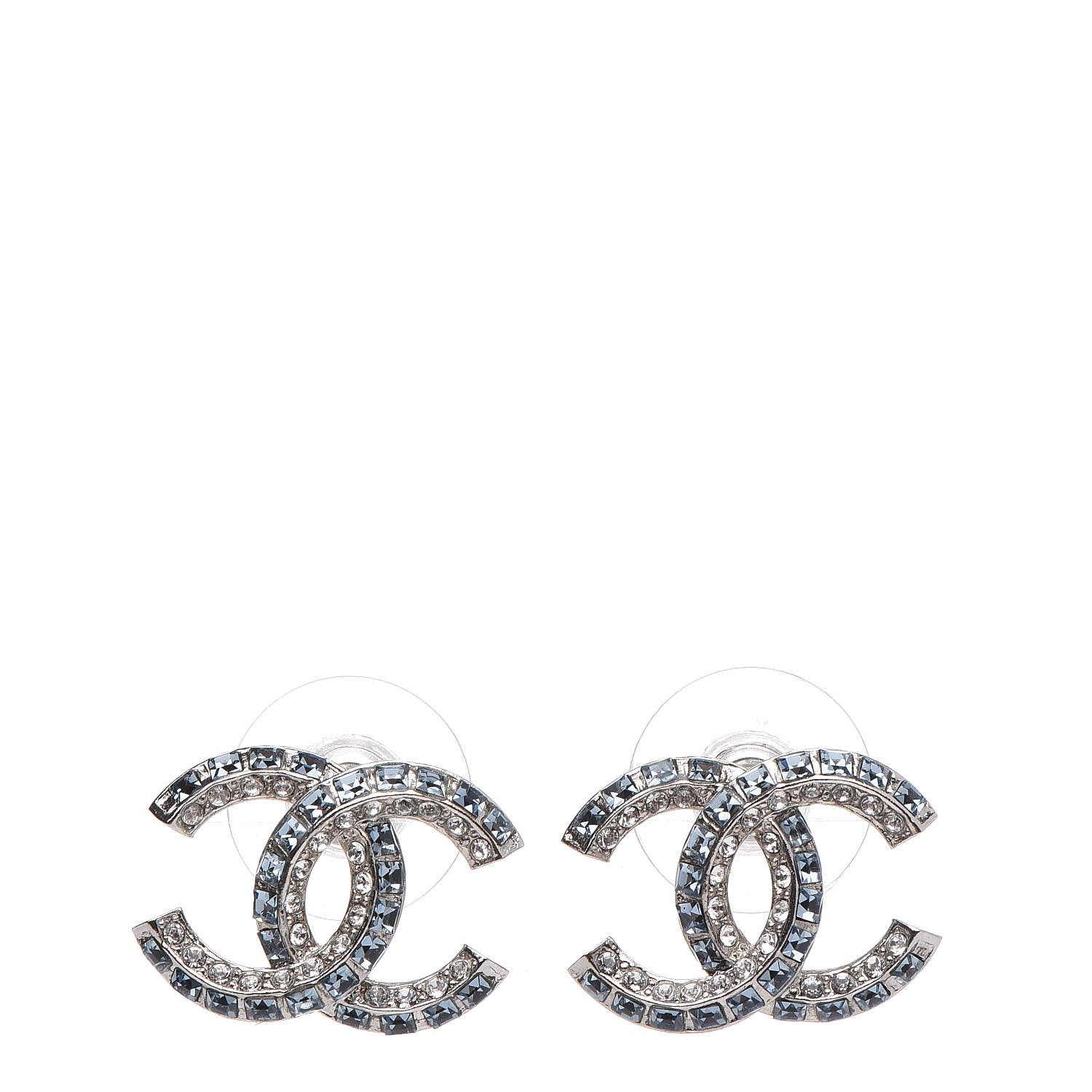 Chanel Metal Baguette Crystal CC Earrings Silver Blue 1 of 5