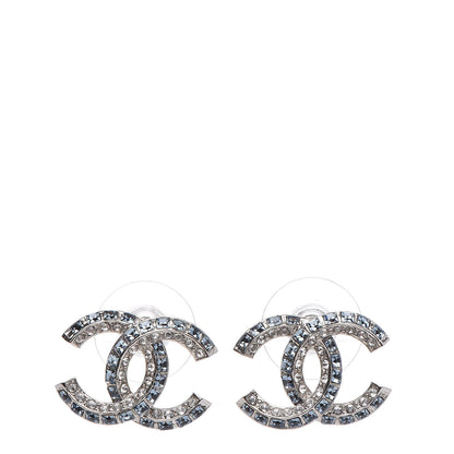 Chanel Metal Baguette Crystal CC Earrings Silver Blue 1 of 5