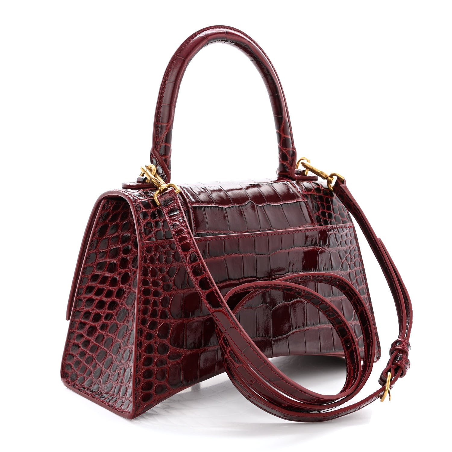 Balenciaga Shiny Calfskin Crocodile Embossed Small Hourglass Top Handle Bag Dark Red 3 of 12