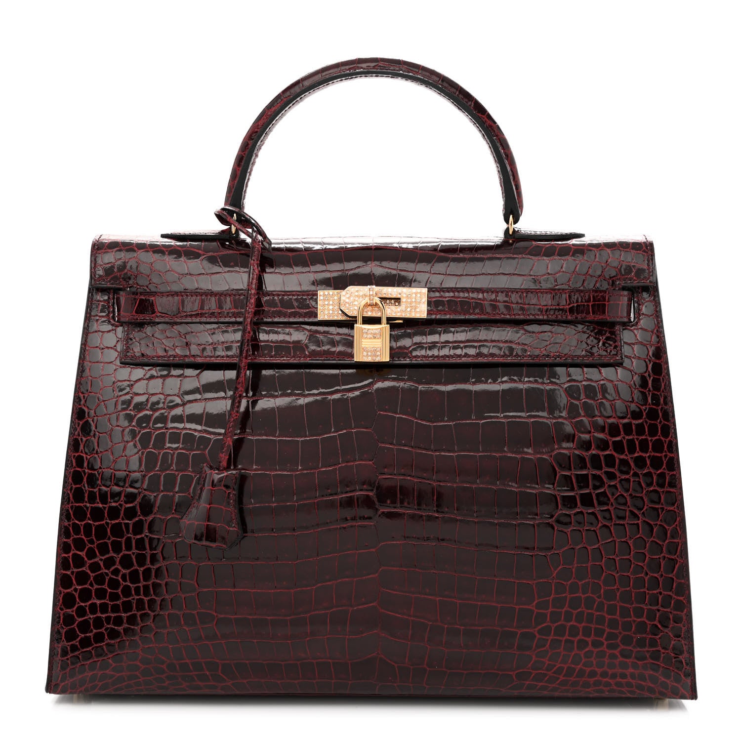 Hermes Shiny Porosus Crocodile 18K Rose Gold Diamond Kelly Sellier 35 Bordeaux 1 of 10