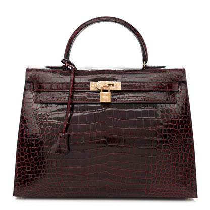 Hermes Shiny Porosus Crocodile 18K Rose Gold Diamond Kelly Sellier 35 Bordeaux 1 of 10