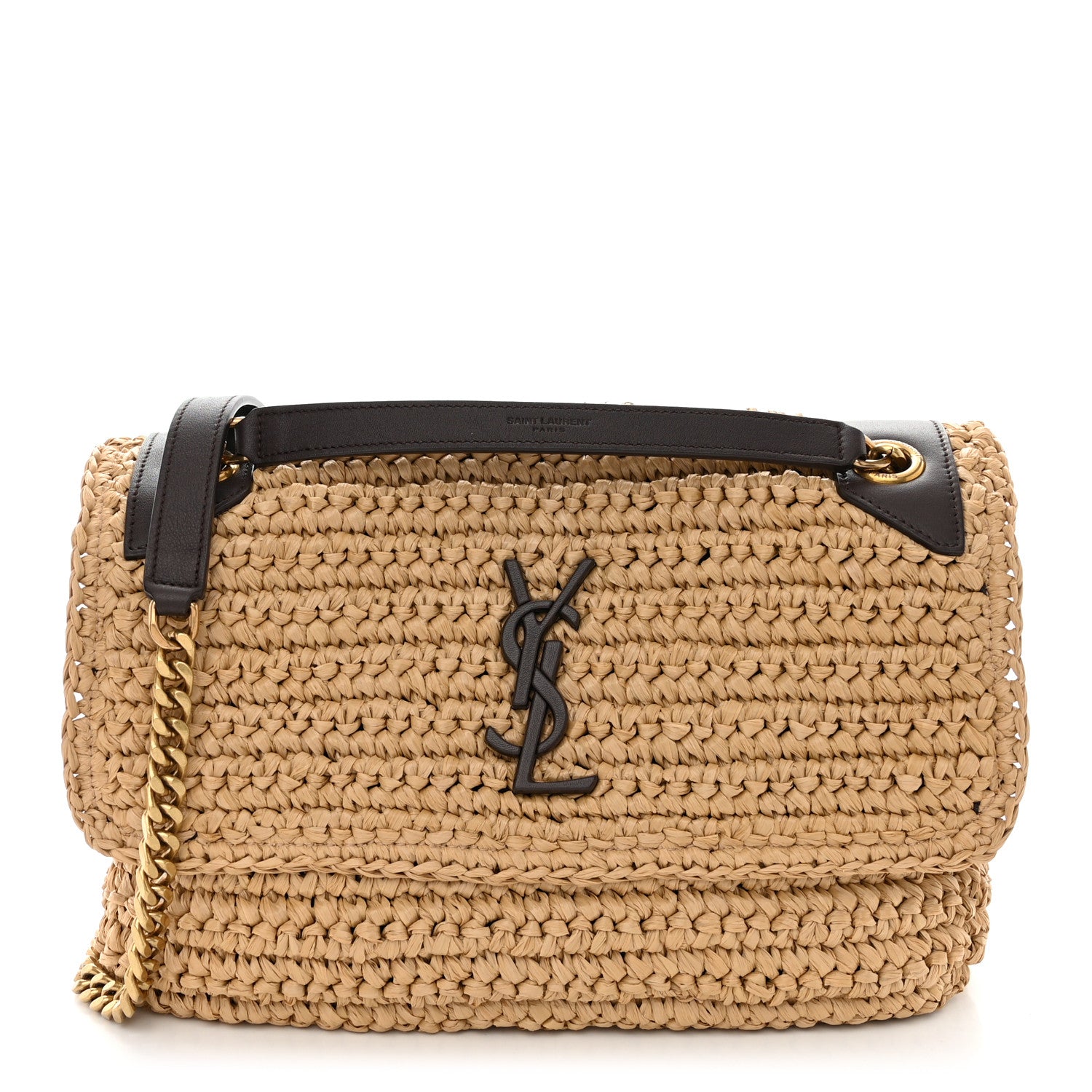 Saint Laurent SAINT LAURENT Raffia Calfskin Monogram Medium Niki Chain Satchel Natural 1 of 10