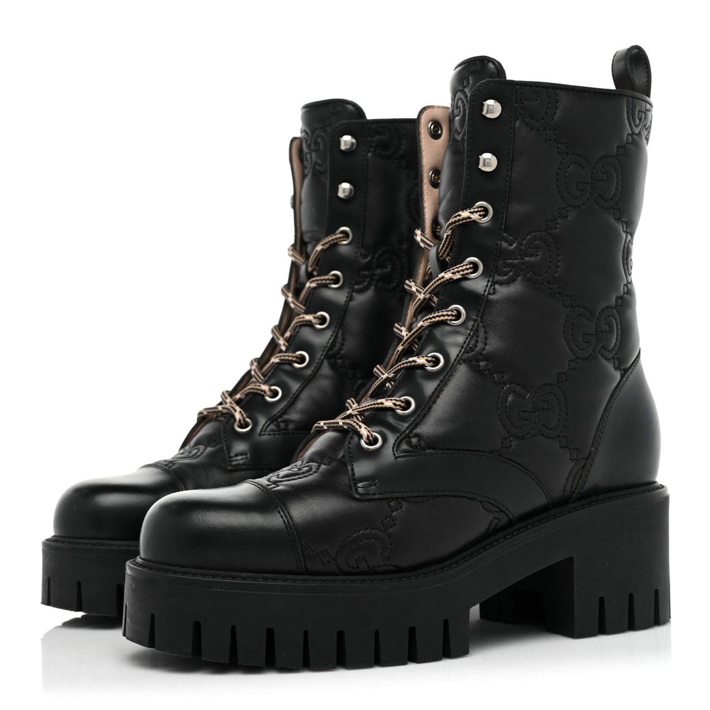 Cordovan Lux Nappa GG Matelasse Lace Up 60mm Combat Boots 36 Black