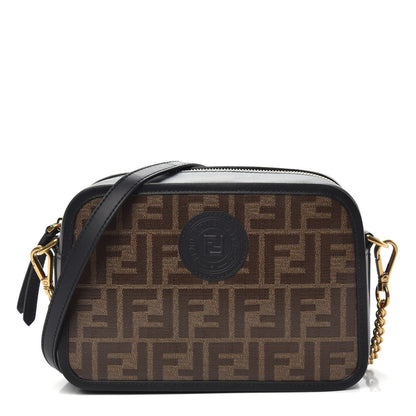 Fendi Glazed Fabric Vitello Century FF 1974 Stamp Patch Camera Case Mogano Panna Black 1 of 11