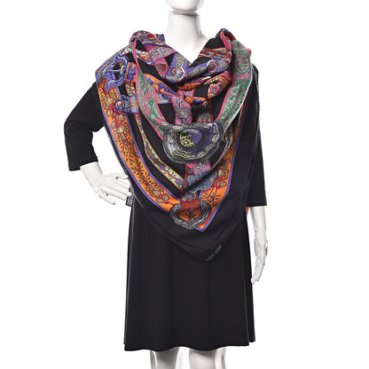 Hermes Cashmere Silk Le Songe De La Licorne Shawl 140 Black Orange Rouge Vif 2 of 5