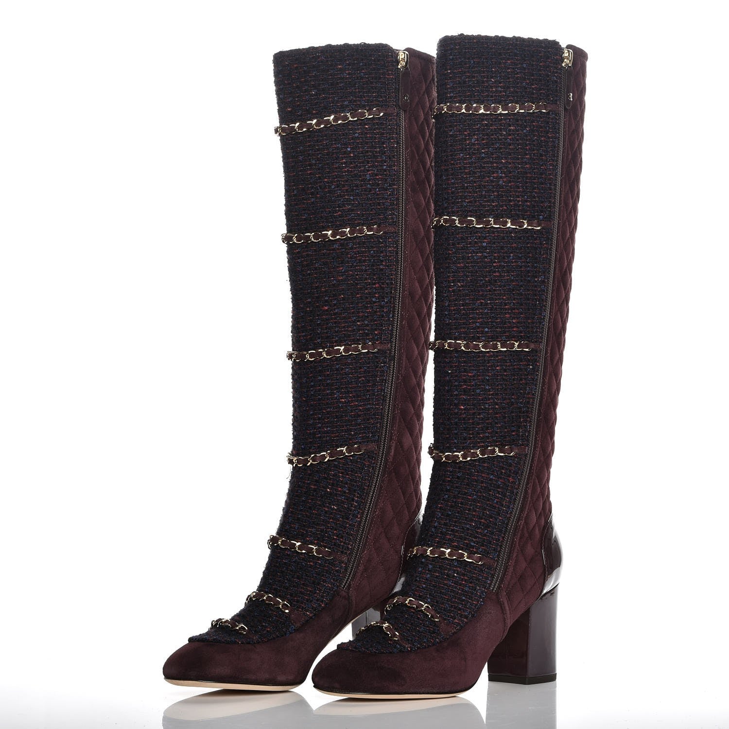 Chanel Suede Tweed Patent Quilted Zip Knee High Boots 39.5 Black Navy Burgundy 3 of 12