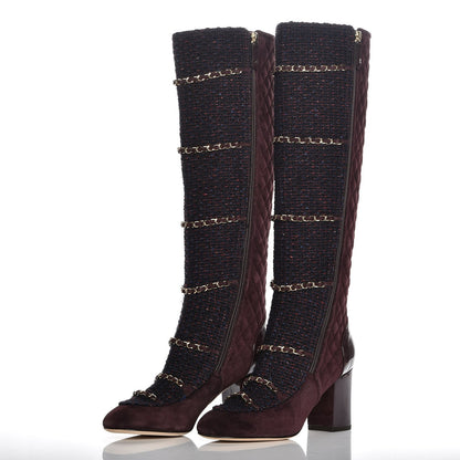 Chanel Suede Tweed Patent Quilted Zip Knee High Boots 39.5 Black Navy Burgundy 3 of 12