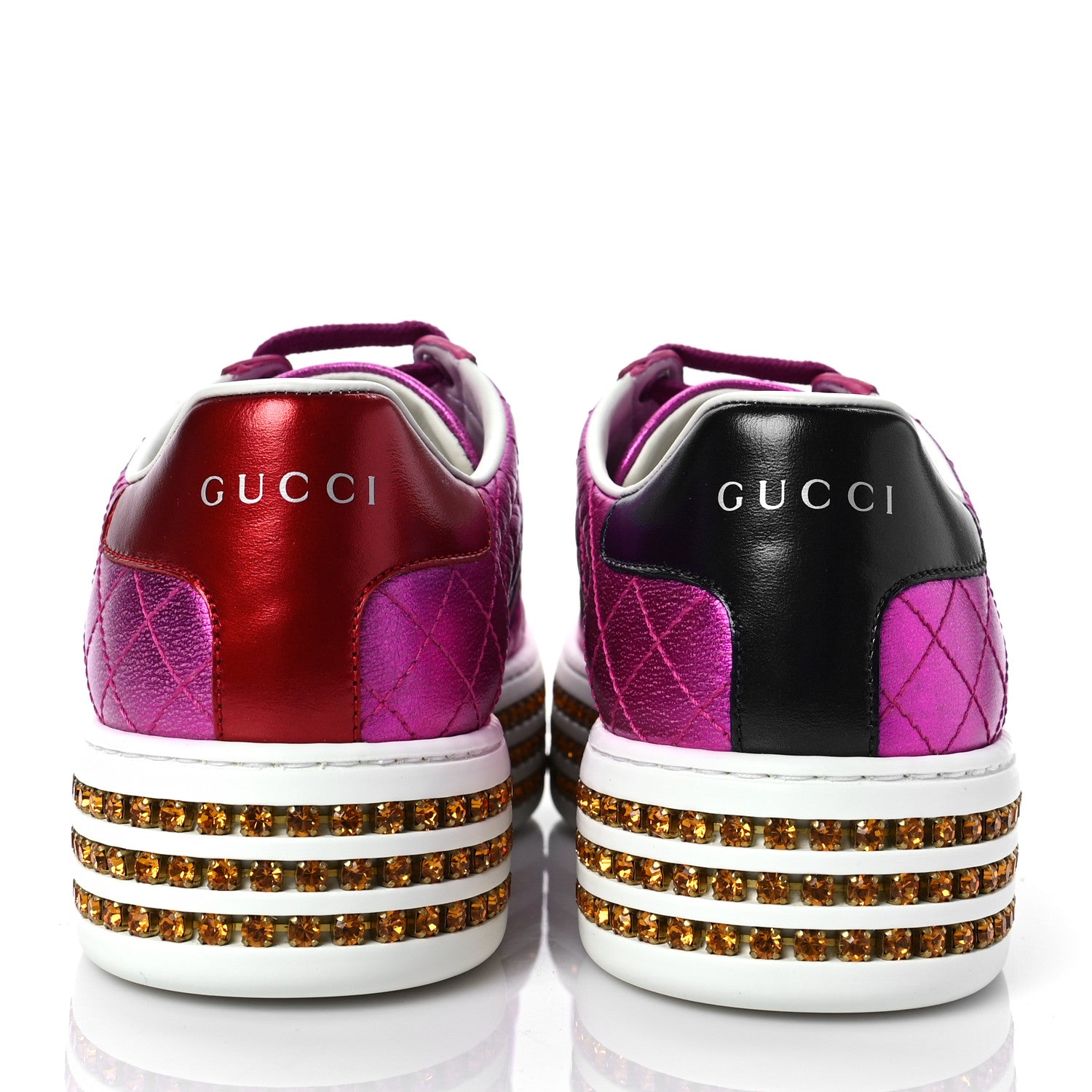 Gucci Laminated Nappa Crystal Web Bee Embroidered Trapuntata Womens Ace Platform Sneakers 37.5 Fuxia 5 of 9