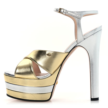 Gucci Metallic Nappa Double G 40/135mm Platform Sandals 37.5 Gold Silver 1 of 12