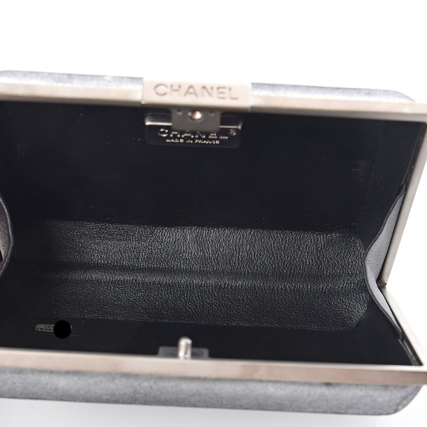 Iridescent Calfskin Quilted CC Lock Evening Clutch Silver