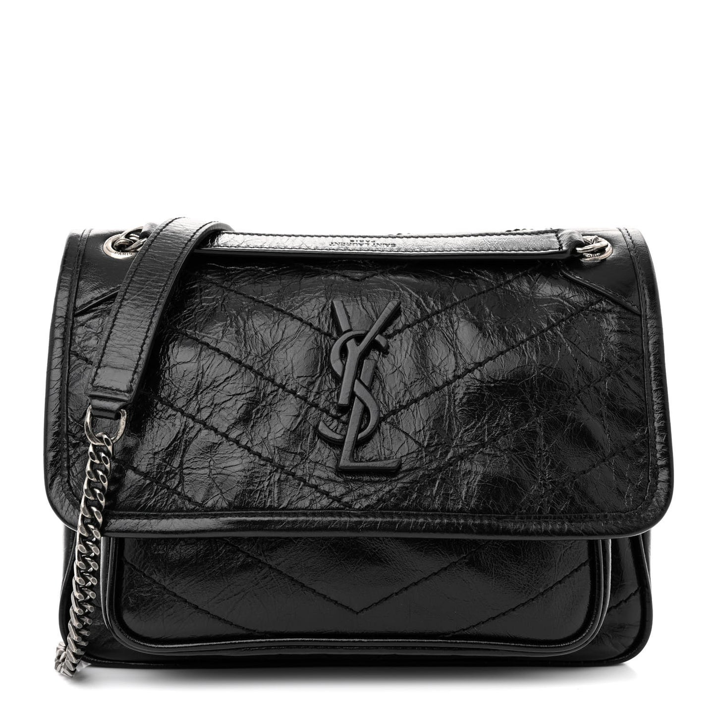 Crinkled Lambskin Matelasse Monogram Baby Niki Chain Satchel Black