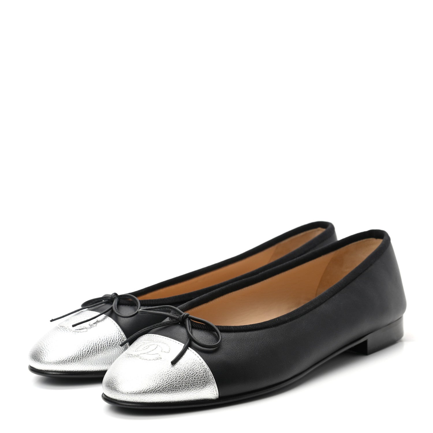 Chanel Calfskin Metallic Goatskin CC Cap Toe Ballerina Flats 38.5 Black Silver 3 of 8