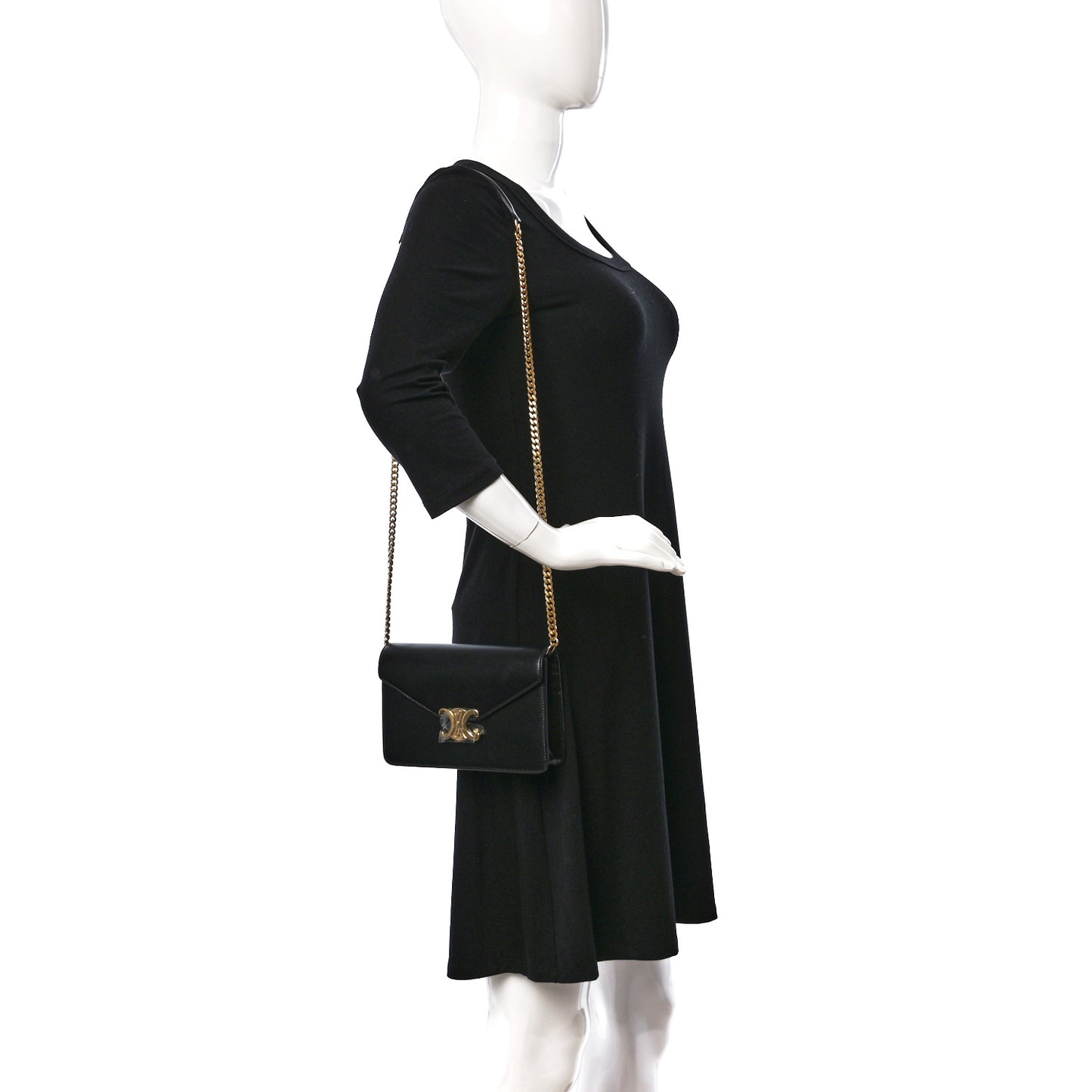 Shiny Calfskin Triomphe Margo Wallet on Chain Black