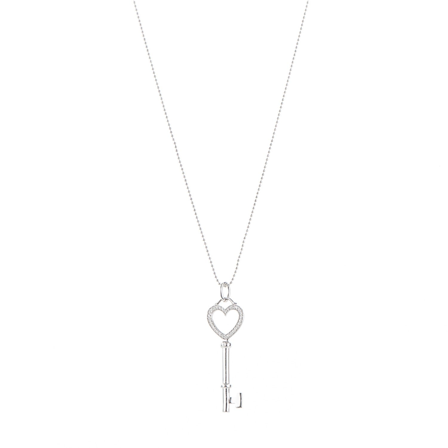 Tiffany 18K White Gold Diamond Medium Heart Key Pendant Necklace 1 of 7