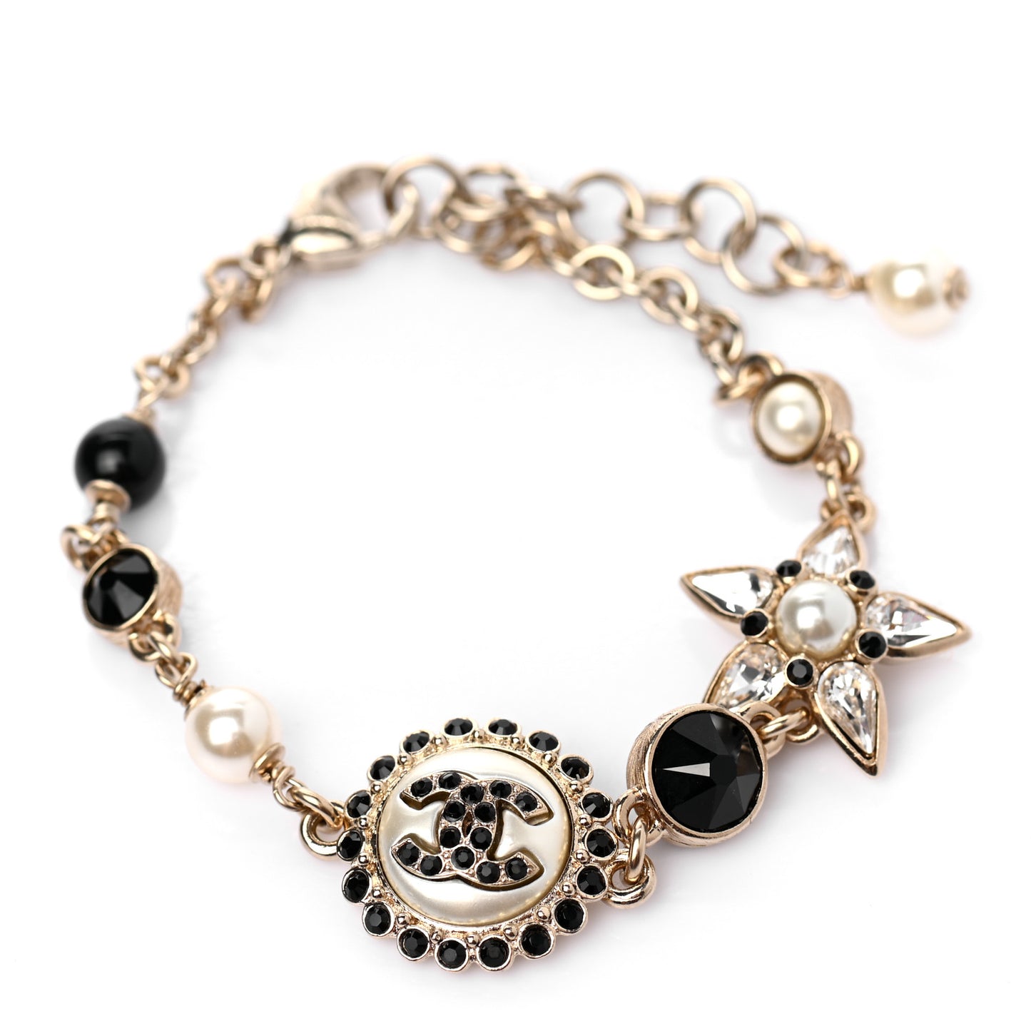 Pearl Crystal Beaded CC Bracelet Black Gold