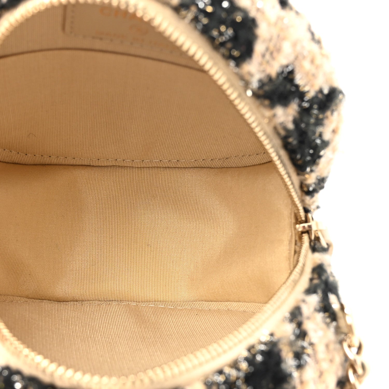 Chanel Tweed Shearling Round Clutch With Chain and Coin Purse Beige Black 6 of 12