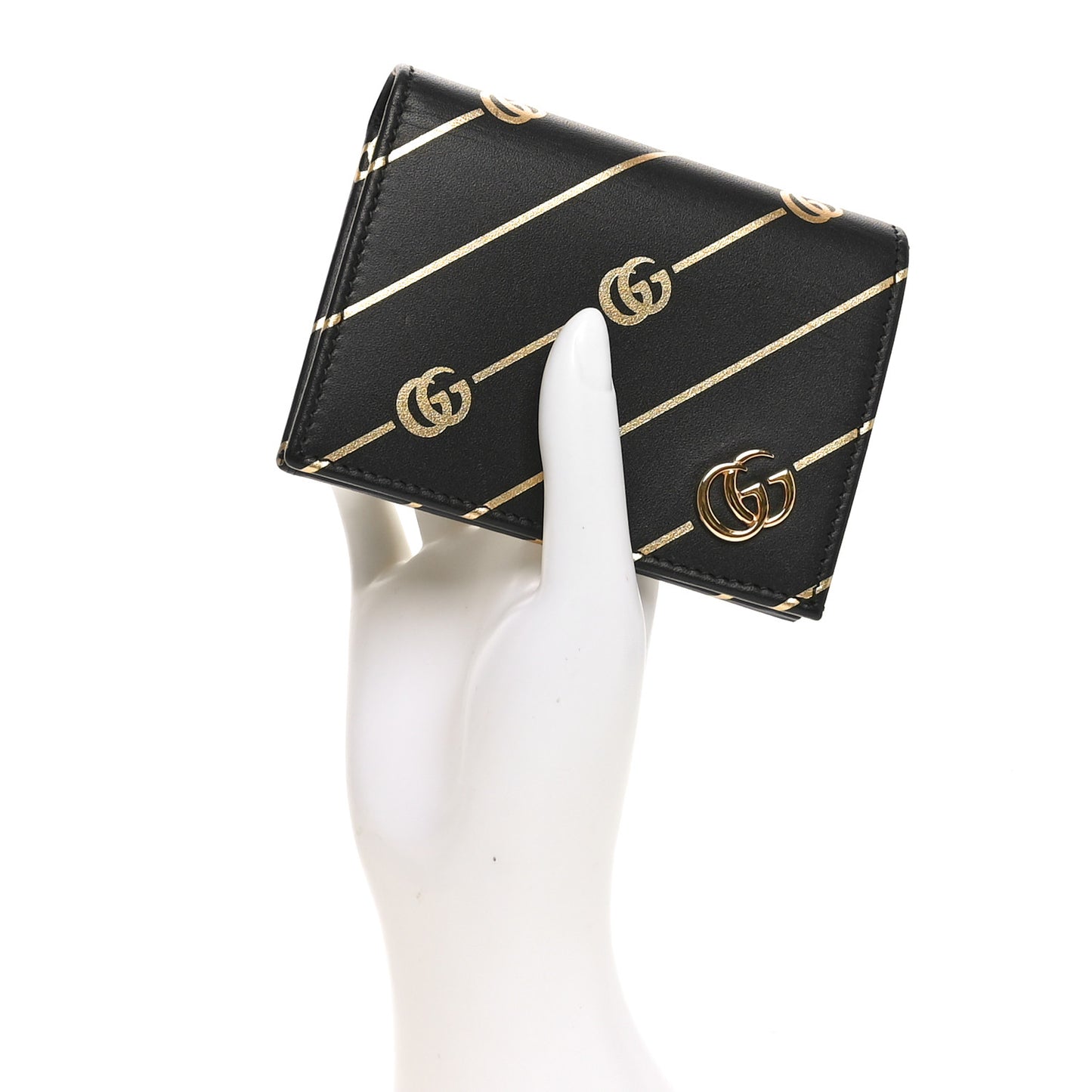 Calfskin Diagonal GG Card Case Black Gold