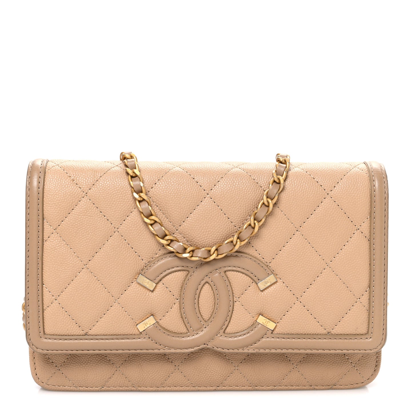 Caviar Quilted CC Filigree Wallet On Chain WOC Beige