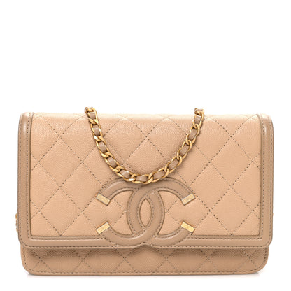 Chanel Caviar Quilted CC Filigree Wallet On Chain WOC Beige 1 of 11