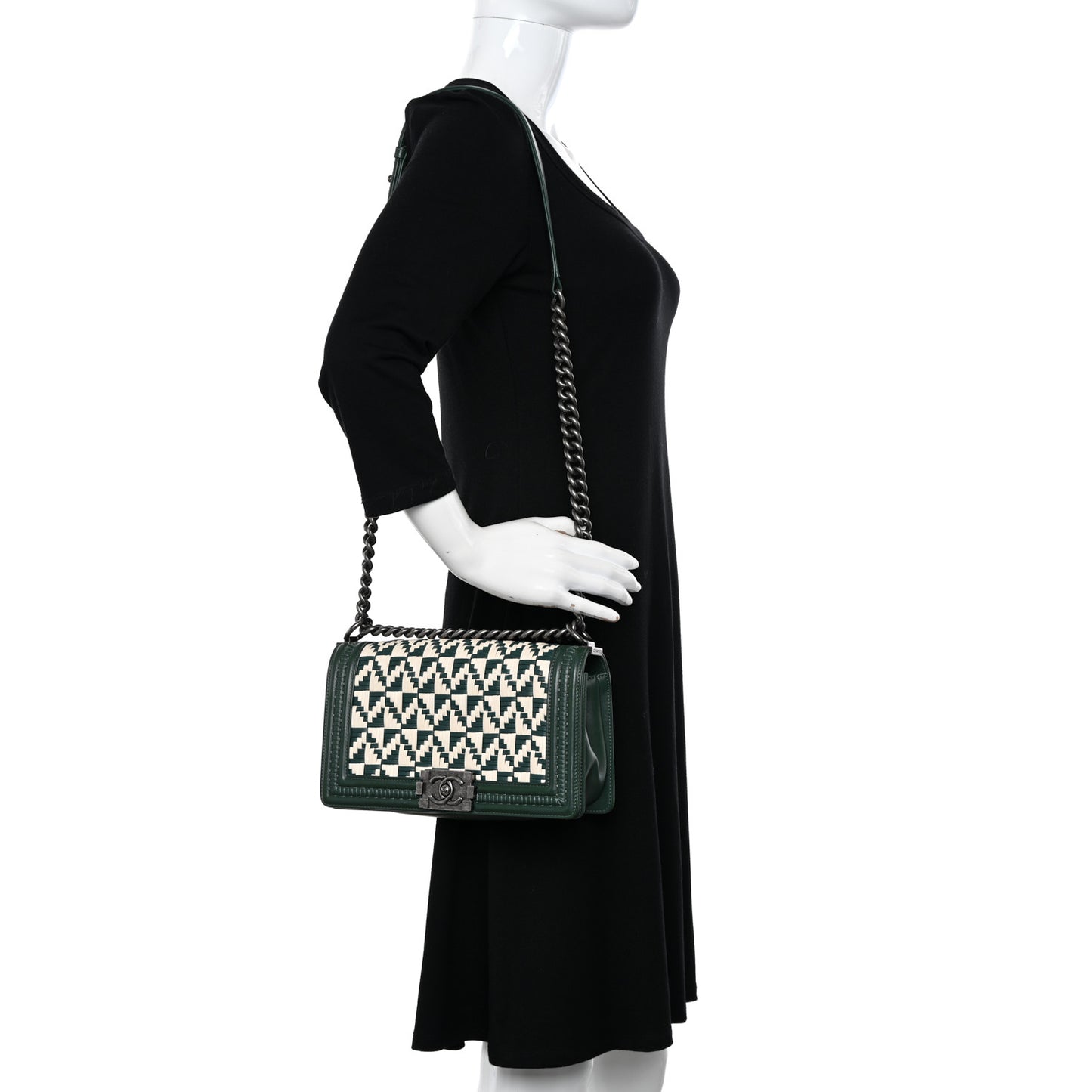 Calfskin Woven Medium Boy Flap Green White
