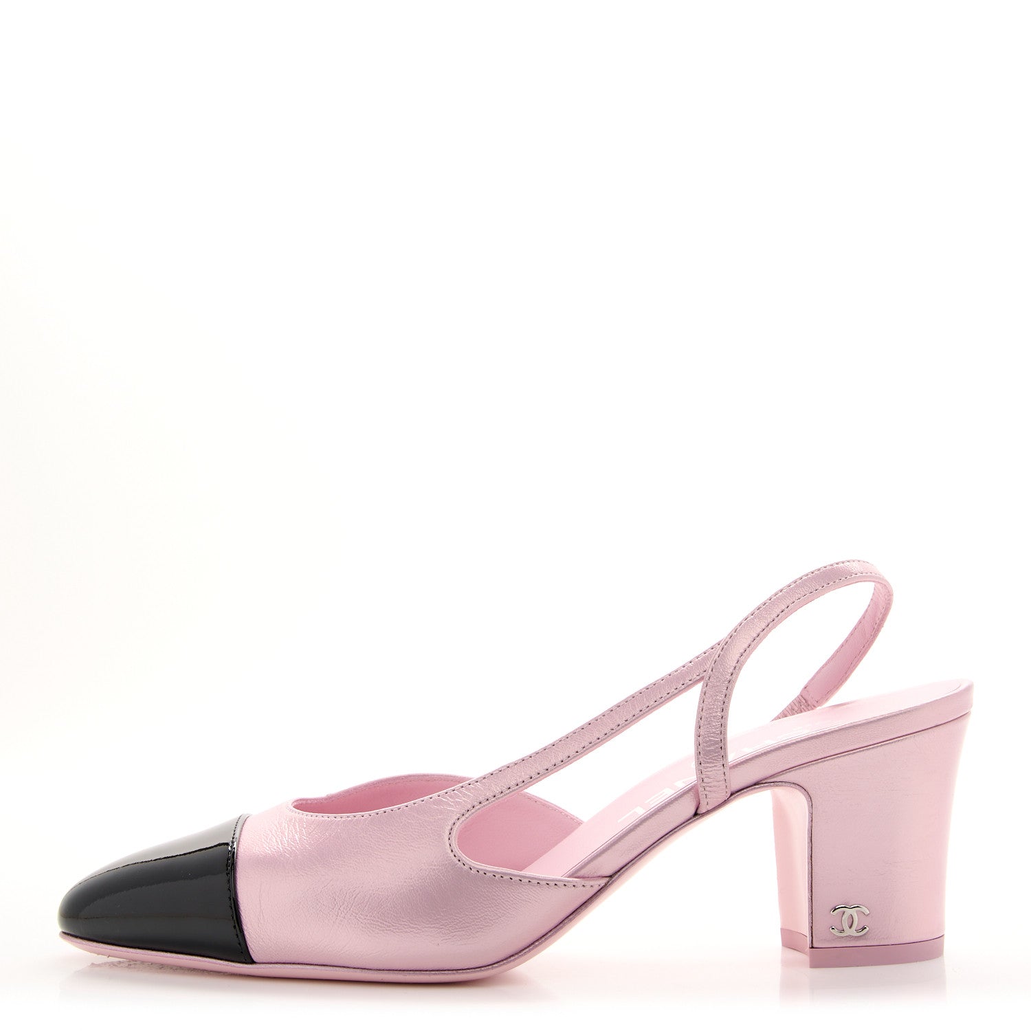 Chanel Laminated Lambskin Patent Cap Toe CC Slingback Pumps 38 Light Pink Black 1 of 9
