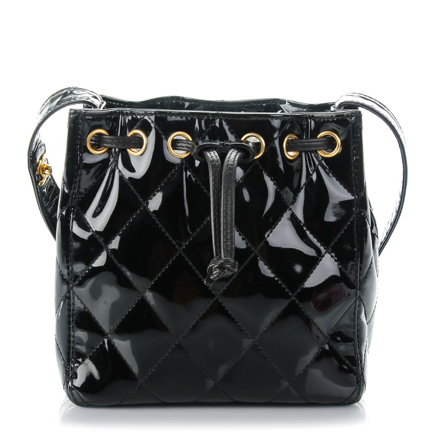 Patent Quilted Drawstring Shoulder Bag Black