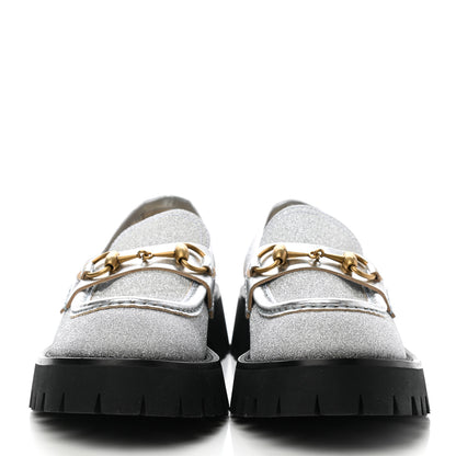 Gucci Mini Diamond Storm Silk Calfskin Womens Harald Horsebit 25mm Platform Loafers 38 Silver 2 of 9