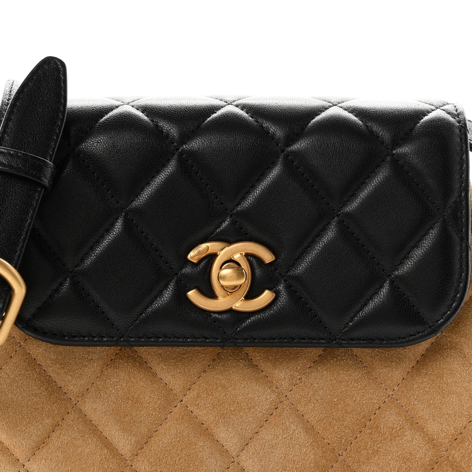 Chanel Suede Shiny Lambskin Quilted Crossbody Flap Black Beige 7 of 9