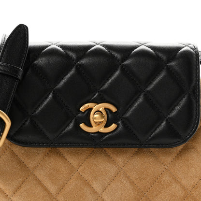 Chanel Suede Shiny Lambskin Quilted Crossbody Flap Black Beige 7 of 9