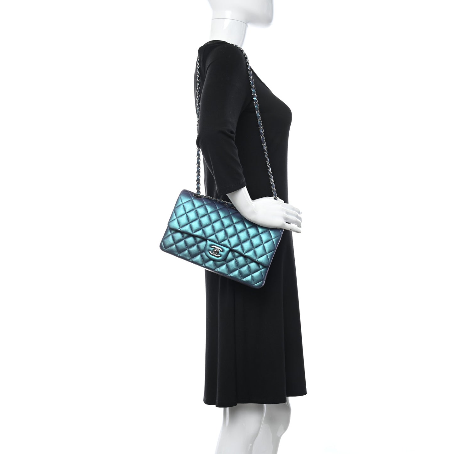 Iridescent Lambskin Quilted Medium Double Flap Turquoise