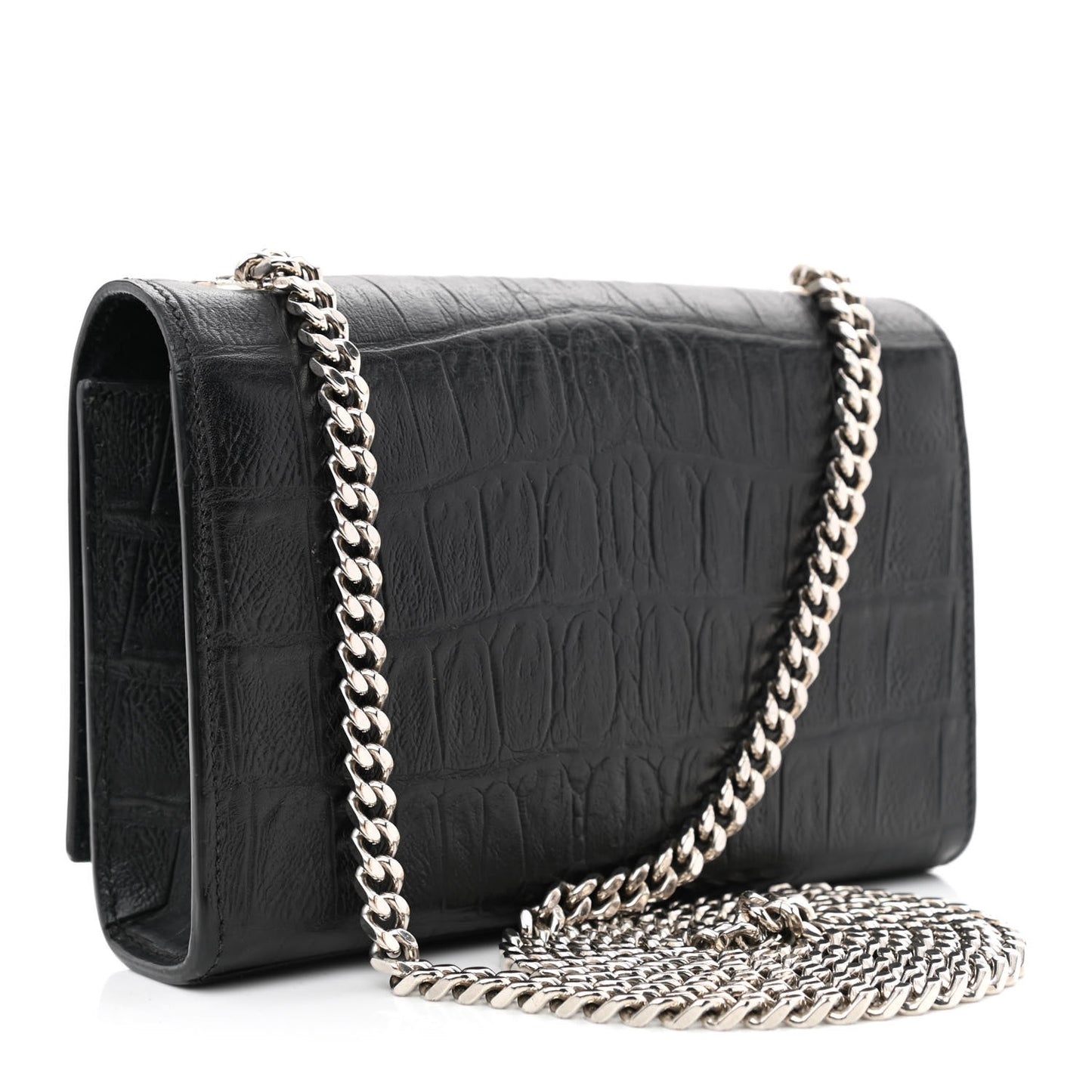 Calfskin Crocodile Embossed Small Classic Monogram Kate Tassel Satchel Black