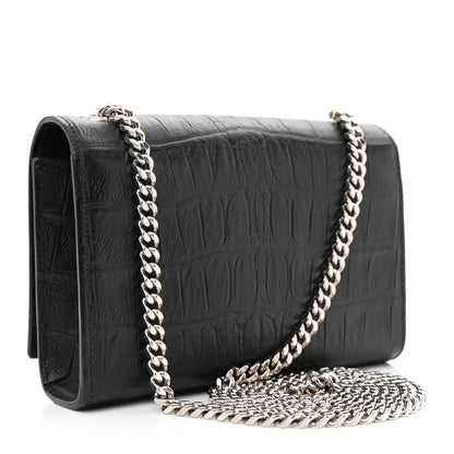 Saint Laurent Calfskin Crocodile Embossed Small Classic Monogram Kate Tassel Satchel Black 3 of 11