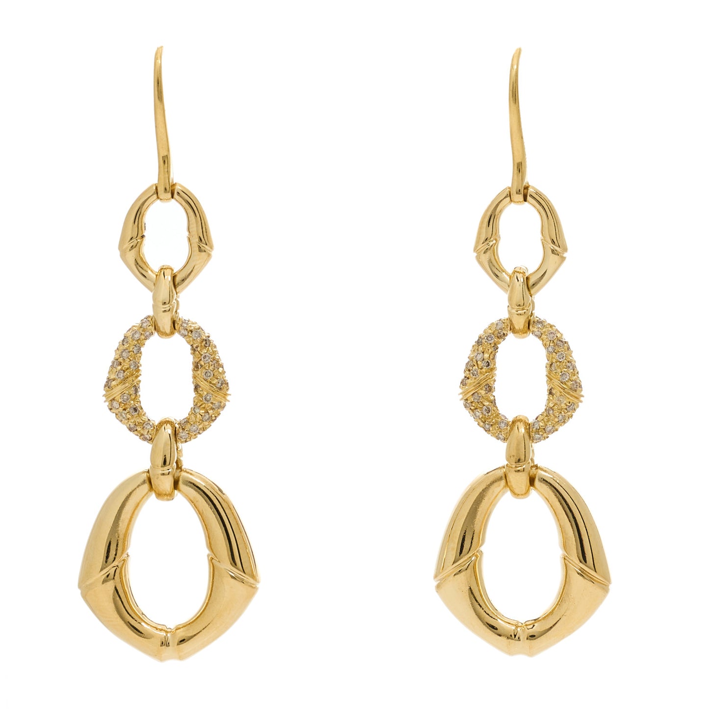 18K Yellow Gold Diamond Bamboo Drop Earrings