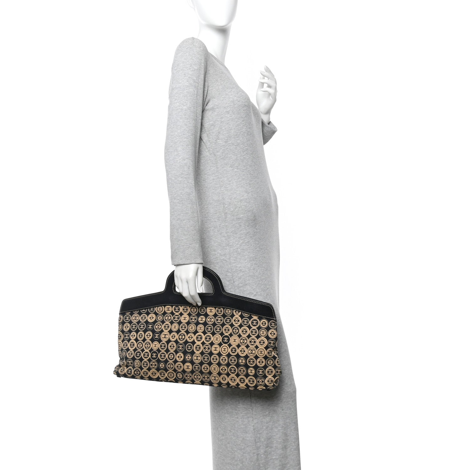 Chanel Jersey Calfskin Printed Large Frame Handle Bag Beige Black