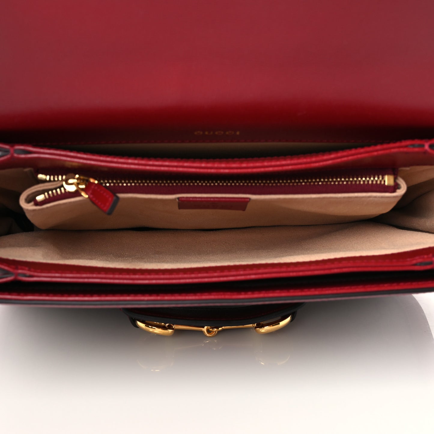 GG Supreme Monogram Azalea Calfskin Horsebit 1955 Shoulder Bag Beige Ebony New Cherry Red