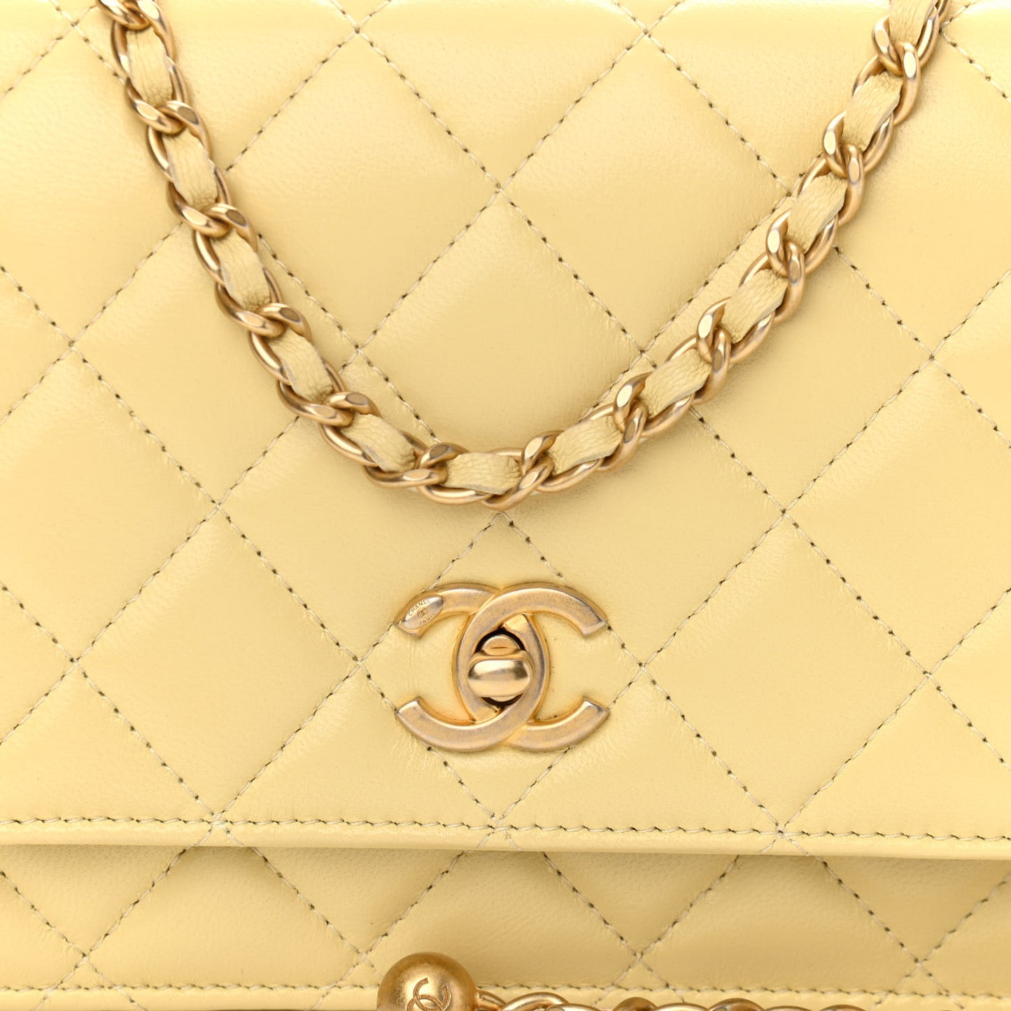 Lambskin Quilted Pearl Crush Wallet on Chain WOC Yellow